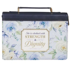 Strength and Dignity Indigo Rose Faux Leather Fashion Bible Cover -Prov.31:25 XL