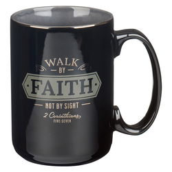 Image of Walk By Faith Black Ceramic Coffee Mug – 2 Corinthians 5:7
