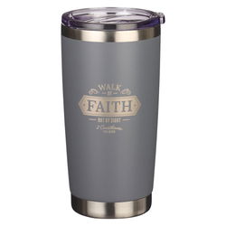 Image of Walk By Faith Gray Stainless Steel Mug – 1 Corinthians 5:7