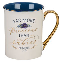 Image of More Precious than Rubies White and Blue Ceramic Coffee Mug – Proverbs 3:15