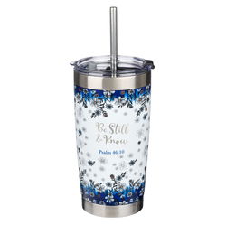 Image of Blue Floral Stainless Steel Mug – Be Still and Know – 18 oz