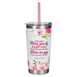 Image of Bless You and Keep You White Floral Stainless Steel Travel Tumbler with Straw –