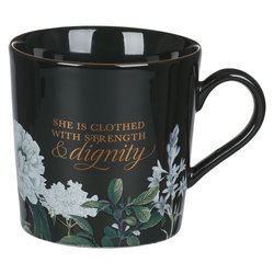 Image of Strength and Dignity Black Floral Ceramic Coffee Mug – Proverbs 31:25