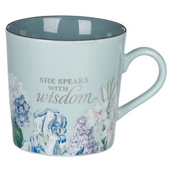 Image of She Speaks with Wisdom Blue Floral Ceramic Coffee Mug – Proverbs 31:26