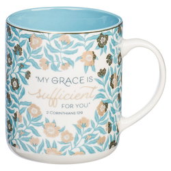 Image of Mug My White/Teal Floral Grace is Sufficient 2 Cor 12:9