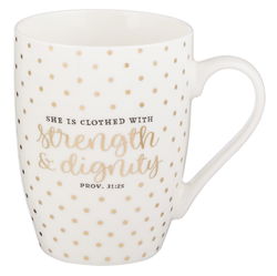 Image of Mug White with Gold Polka Dots Strength & Dignity