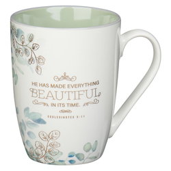 Image of Mug White/Green Leaves Everything Beautiful Eccl. 3:11