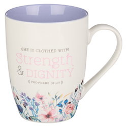 Image of Mug Purple/White Floral Strength & Dignity Prov. 31:25