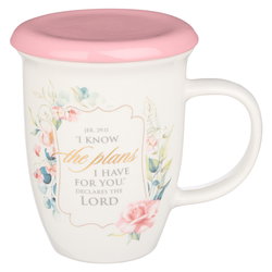 Image of Mug with Lid Pink/White Floral I Know the Plans Jer. 29:11