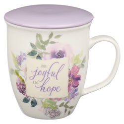Image of Mug with Lid Purple/White Floral Be Joyful in Hope Rom. 12:12