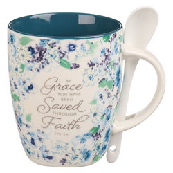 Image of Mug with Spoon White/Blue Floral By Grace Eph. 2:8