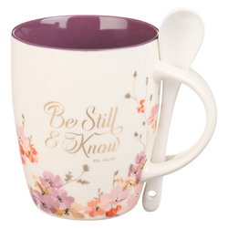 Image of Mug with Spoon White/Purple Floral Be Still Ps. 46:10