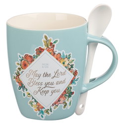 Image of Mug with Spoon White/Teal Floral The Lord Bless You Num. 6:24