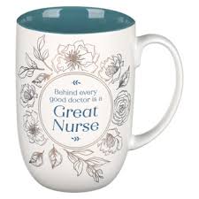 Image of Great Nurse White and Teal Ceramic Coffee Mug – Proverbs 31:25