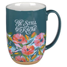 Image of Be Still Teal Watercolor Floral Exposed Clay Base Ceramic Mug – Psalm 46:10