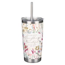 White Floral Everything Beautiful Stainless Steel Travel Mug with Reusable Straw