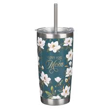 I Love You, Mom Blush Magnolia Stainless Steel Travel Tumbler with Straw