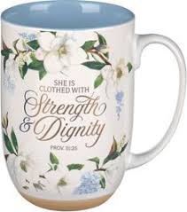 Image of Mug Blue Floral Strength & Dignity Prov. 31:25