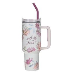 Image of Tumbler w/straw SS White Floral Walk By Faith 2 Cor. 5:7