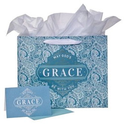Image of Teal Paisley God’s Grace Large Landscape Gift Bag Set with Card