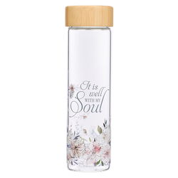 Image of Well With My Soul Hymn – Glass Water Bottle with Bamboo Lid & Sleeve – 17oz