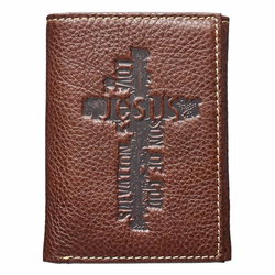 Image of Brown Genuine Leather Tri-Fold Wallet with Cross