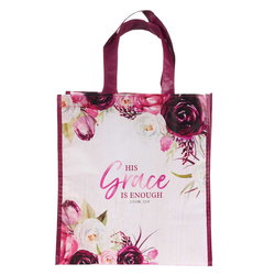 Image of Tote Bag His Grace is Enough Non-Woven in Pink Plums – 2 Corinthians 12:9
