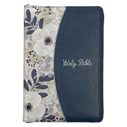 Image of KJV Large Print Thinline Bible Two-Tone Blue/Printed Floral with Zipper Faux Lea