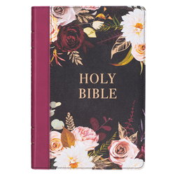Image of KJV Bible Thinline LP Faux Leather, Black Floral Printed/Burgundy