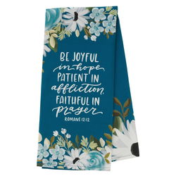 Image of Tea Towel Blue Floral Be Joyful In Hope Rom 12:12