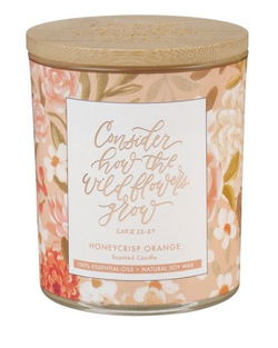 Image of Glass Candle w/Bamboo Lid Floral Consider How the Wildflowers Grow Luke 12:27
