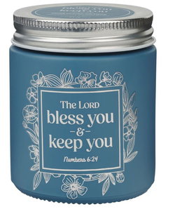 Image of Glass Candle w/Screw Top Lid Blue Bless You and Keep You Num. 6:24