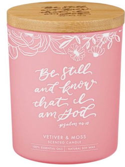 Image of Glass Candle w/Bamboo Lid Pink Be Still Ps. 46:10