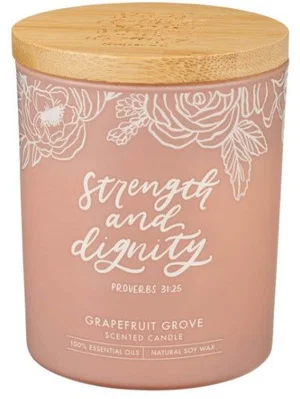 Glass Candle w/Bamboo Lid Pink Strength & Dignity Prov. 31:25