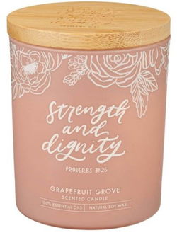 Image of Glass Candle w/Bamboo Lid Pink Strength & Dignity Prov. 31:25