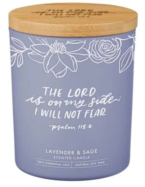 Glass Candle w/Bamboo Lid Purple No Fear Ps. 118:6