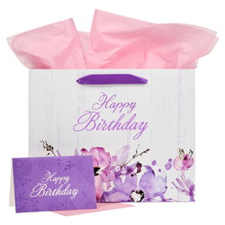 Image of Gift Bag w/ Card LG Landscape White/Purple/Pink Happy Birthday