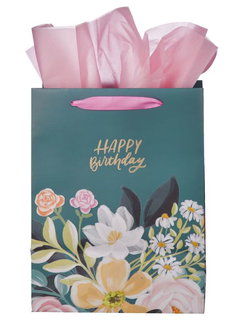 Image of Gift Bag LG Portrait Dark Floral Happy Birthday