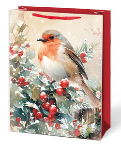 Image of Paper T. Xmas Gift Bag, Cardinal w/Berries, Medium, Matte+Glitter