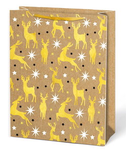Image of Paper T. Xmas Gift Bag, Gold Deer on Kraft, Medium, Matte+HS, tag+j-hook