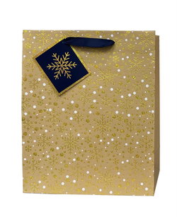 Image of Paper T. Xmas DLX Gift Bag, Gold Snowflakes, Large, 10.25’x12.6’x4.7′