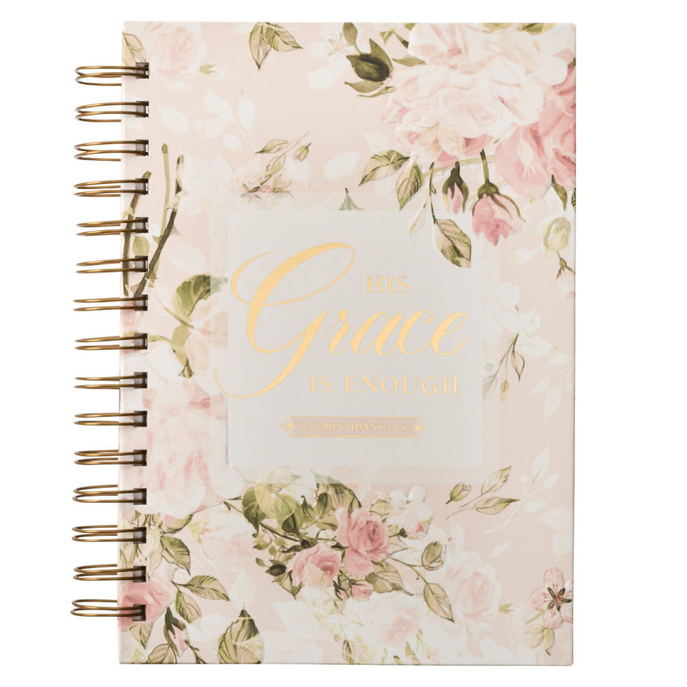 Image of His Grace is Enough Blush Pink Floral Large Wirebound Journal – 2 Corinthians 12