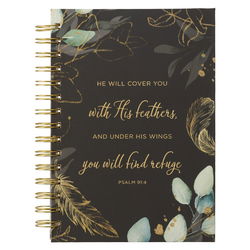 Image of Find Refuge Black and Gold Feather Large Wirebound Journal – Psalm 91:4