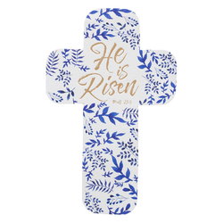 Image of Cross Bookmark Blue Leaves He Is Risen Matt. 28:6