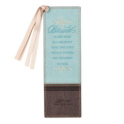 Image of Bookmark Faux Leather Blue/Brown Blessed Luke 1:45
