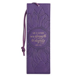 Image of Bookmark Faux Leather Purple Strength & Dignity Prov. 31:25