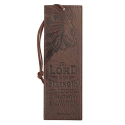 Image of Bookmark Faux Leather Brown The Lord Is My Strength Ex. 15:2