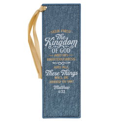 Image of Bookmark Faux Leather Blue Seek First The Kingdom of God Matt. 6:33