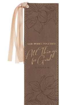 Image of Bookmark Faux Leather Brown God Works For Good Romans 8:28