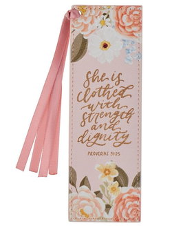 Image of Bookmark Faux Leather Pink Strength & Dignity Prov. 31:25